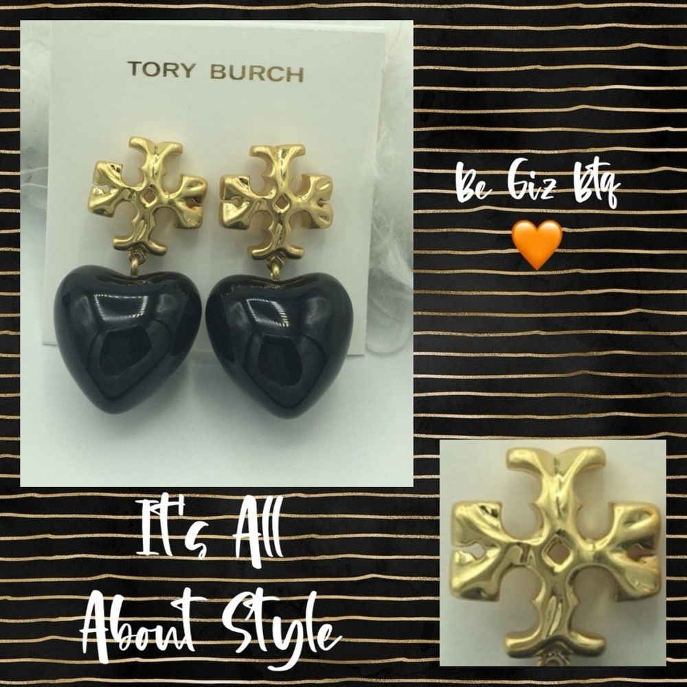 Tory Burch Authentic Vintage Roxanne Gold-Tone & Resin Heart Earrings In Black - Picture 2 of 10